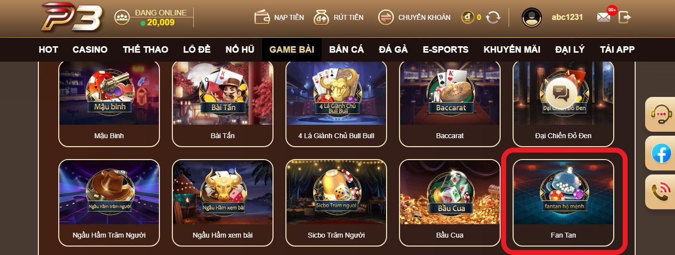 Trò chơi Fan Tan tại nhà cái P3 hiện đang rất hot